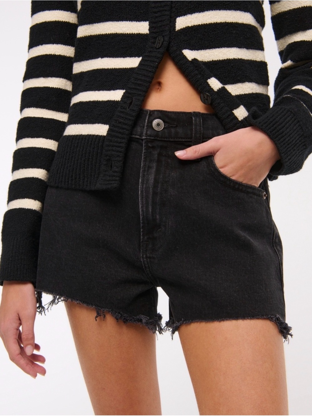 Abercrombie & Fitch Black Frayed-Hem High-Waist Denim Shorts Curve Love Mom